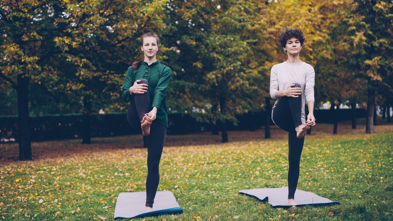 Two women doing yoga on mats in a fall park, surrounded by colorful trees.